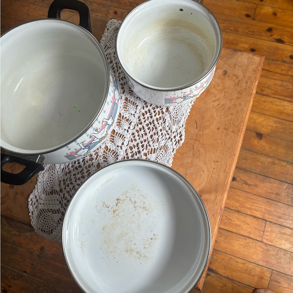 SOLD Vintage Enamel Geese Pot & Pan Set - Picture 5 of 9